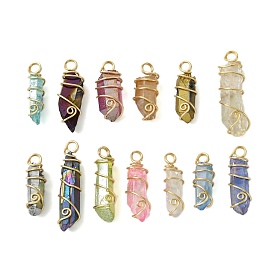 Electroplated Natural Quartz Crystal Pendants, Nuggets Charms with Copper Wire Loops, Mixed Color