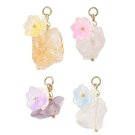 Rohe, raue, natürliche, gemischte Edelsteinanhänger, Nugget-Anhänger mit ABS-Kunststoffblume und Messingösen, golden, gemischt gefärbt und ungefärbt