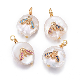 Natural Cultured Freshwater Pearl Pendants, with Brass Micro Pave Cubic Zirconia Findings, Nuggets with Insect, Golden
