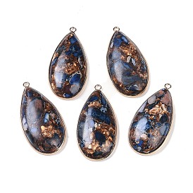 Dyed Synthetic Imperial Jasper Pendants, Golden Plated Brass Teardrop Charms
