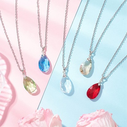 Стеклянный граненый кулон в форме капли 304 ожерелья с подвеской из нержавеющей стали для женщин, цвет нержавеющей стали