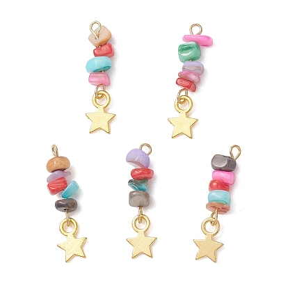 Бусины из окрашенных натуральных пресноводных раковин с подвесками в виде звезд из сплава., подвески из бисера, золотые, разноцветные