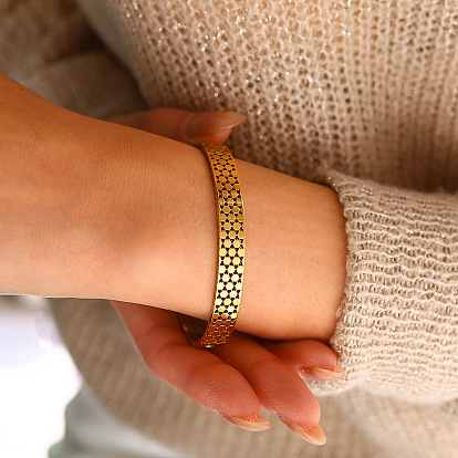 304 Stainless Steel Hollow Honeycomb Hinged Cuff Bangles for Women