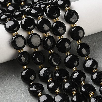 Натуральный черный турмалин бисер нитей, плоско-круглые, с бисером
