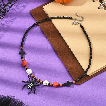 Halloween Alloy Enamel Spider Pendant Necklaces, Dyed Synthetic Turquoise Skull Cross and Seed Beads Beaded Necklaces for Women, Stainless Steel Color