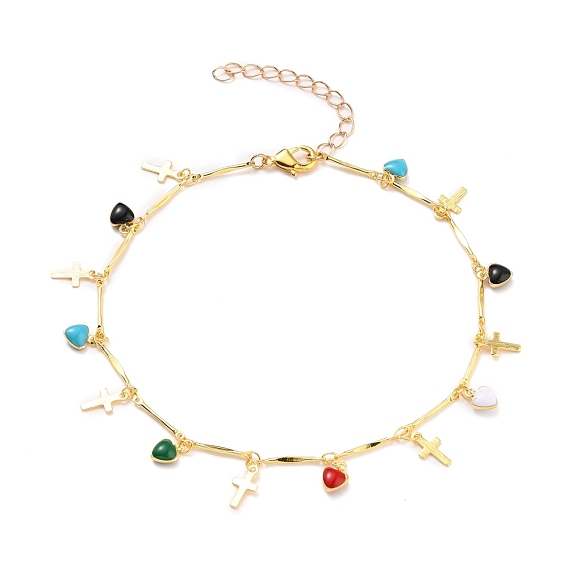 Brass Enamel Charm Anklets, with Bar Link Chains and Lobster Claw Clasps, Heart and Cross, Colorful