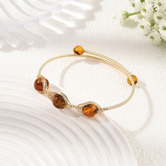 Natural Amber Horse Eye Herringbone Wire-Wrapped Open Cuff Bangles