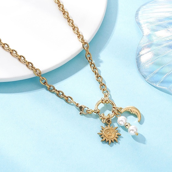 304 Ожерелья с подвесками из круглой белой ракушки и жемчуга и солнца, луны и нержавеющей стали
