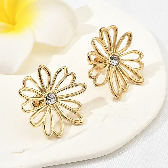 304 серьги-гвоздики из нержавеющей стали с кристаллами и стразами, ионное покрытие (ip), цветок