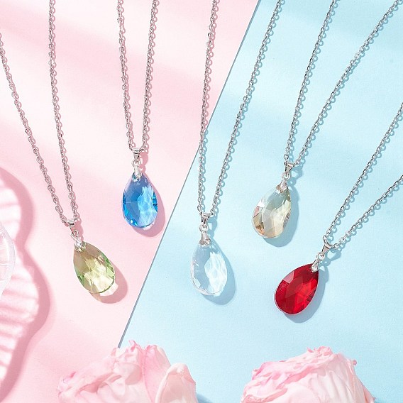 Стеклянный граненый кулон в форме капли 304 ожерелья с подвеской из нержавеющей стали для женщин, цвет нержавеющей стали