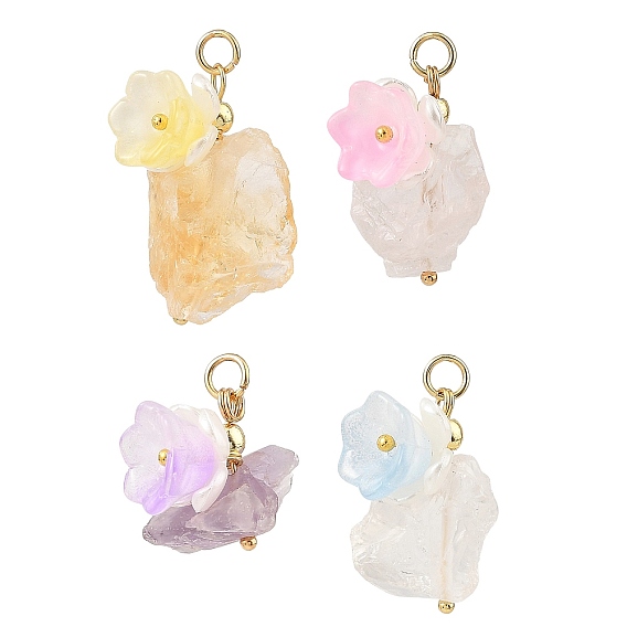 Rohe, raue, natürliche, gemischte Edelsteinanhänger, Nugget-Anhänger mit ABS-Kunststoffblume und Messingösen, golden, gemischt gefärbt und ungefärbt