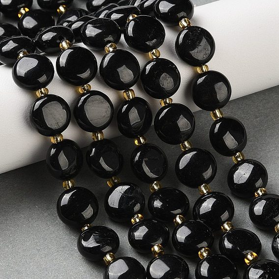 Натуральный черный турмалин бисер нитей, плоско-круглые, с бисером