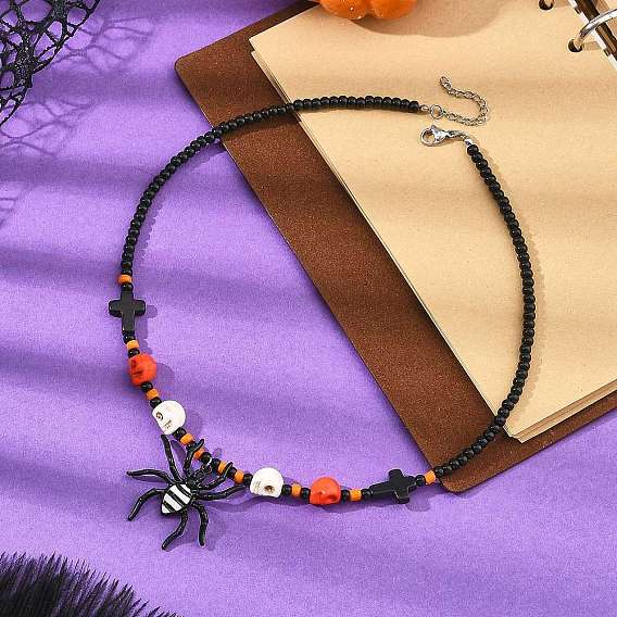 Halloween Alloy Enamel Spider Pendant Necklaces, Dyed Synthetic Turquoise Skull Cross and Seed Beads Beaded Necklaces for Women, Stainless Steel Color