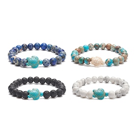 4Pcs 4 Style Natural Mixed Gemstone & Synthetic Turquoise(Dyed) Tortoise Beaded Stretch Bracelets Set for Women