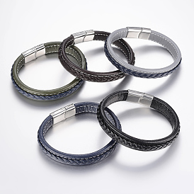 Плетеные браслеты шнур кожаный, с 304 из нержавеющей стали магнитные застежки, греческий узор
