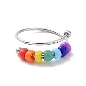 Anillo de puño abierto giratorio con cuentas de vidrio de color arcoíris, 201 anillo de envoltura de alambre de acero inoxidable para aliviar la ansiedad y el estrés