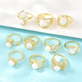 Латунные микро проложить пальцев кольца кубического циркония, круглые, с абс пластмассовой имитационной жемчужиной