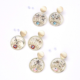 Pendientes colgantes, con colgantes de resina epoxi, cáscara, respaldos de esmalte y pendientes, plano y redondo con mal de ojo, real 18 k chapado en oro