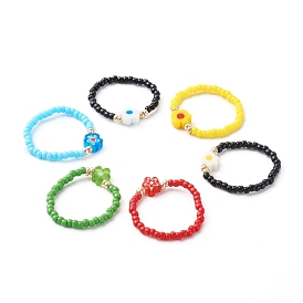 Handmade Baking Painted Glass Seed Beads Stretch Rings, with Acrylic Beads, Flat Round with Heart