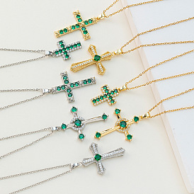 18K Gold Plated Copper Cross Pendant Necklace with Cubic Zirconia on Stainless Steel Chain