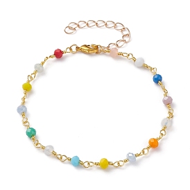 Glass Beaded Bracelets, with Brass Lobster Claw Clasps, Rondelle, Colorful