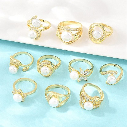 Латунные микро проложить пальцев кольца кубического циркония, круглые, с абс пластмассовой имитационной жемчужиной