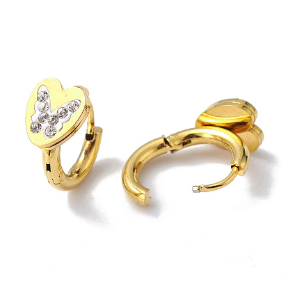 Crystal Rhinestone Heart with Butterfly Hoop Earrings, Vacuum Plating 202 Stainless Steel Earrings with 304 Stainless Steel Pins for Women