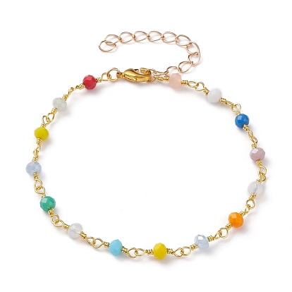 Glass Beaded Bracelets, with Brass Lobster Claw Clasps, Rondelle, Colorful