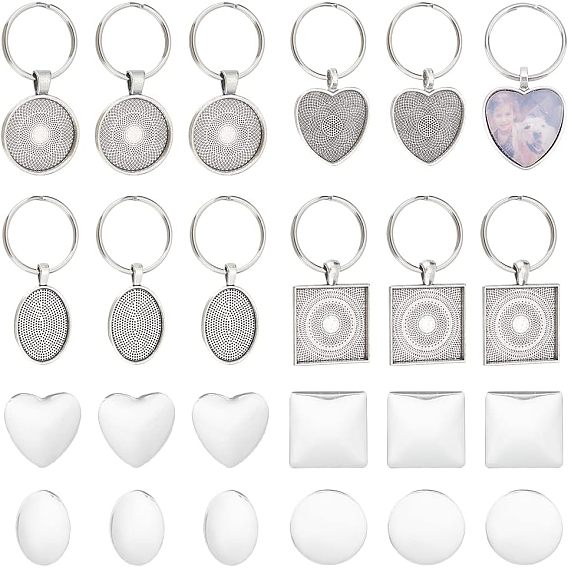 1 набор сердечек, плоских круглых, овальных и квадратных брелоков из сплава, с 304 разъемными кольцами для ключей из нержавеющей стали и кабошонами из прозрачного стекла