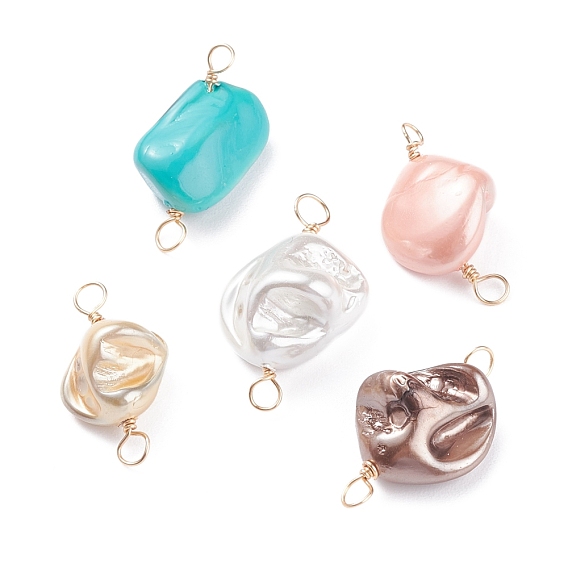 Electroplated Natural Freshwater Shell Connector Charms, with Light Gold Plated Brass Findings, Nuggets