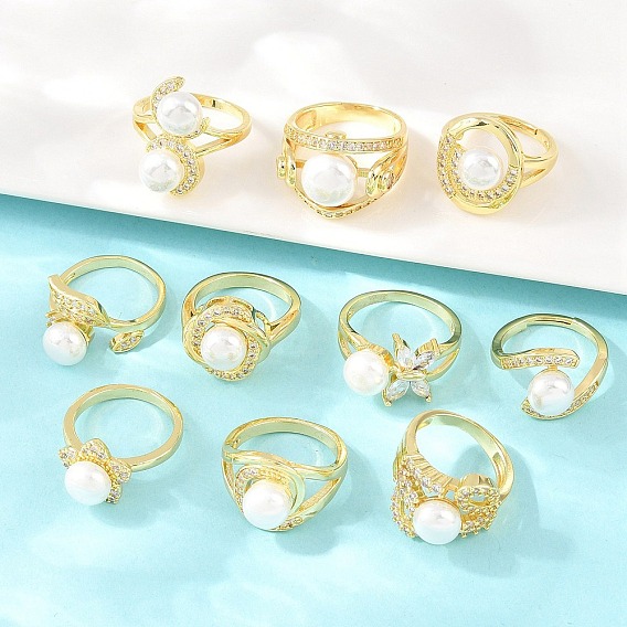 Латунные микро проложить пальцев кольца кубического циркония, круглые, с абс пластмассовой имитационной жемчужиной