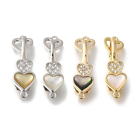 Brass Micro Pave Clear Cubic Zirconia Fold Over Clasps, Shell Heart