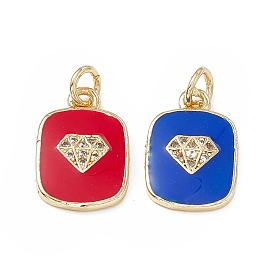 Brass Micro Pave Cubic Zirconia Charms, Enamel Style, Real 18K Gold Plated, Rectangle with Diamond Pattern Charm, with Jump Ring