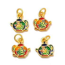 Rack Plating Alloy Enamel Pendants, Cadmium Free & Lead Free, with Jump Ring, Matte Gold Color, Teapot