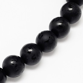 Natural Obsidian Round Carved Om Mani Padme Hum Beads Strands, Frosted