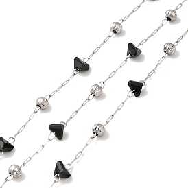Chaînes de perles triangulaires à facettes en verre noir, avec 304 chaînes satellites en acier inoxydable, soudé, avec bobine