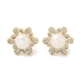 Natural Pearl Ear Studs, with Brass Micro Pave Clear Cubic Zirconia Findings and 925 Sterling Silver Pins, Flower