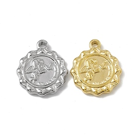 Vacuum Plating 201 Stainless Steel Pendants, Flat Round with Angel Charm