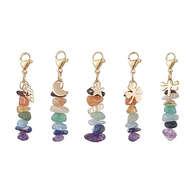 7 Chakra Natural Mixed Gemstone Chip Pendant Decorations, with Stainless Steel Lobster Claw Clasps and Star/Moon/Leaf/Clover Charm