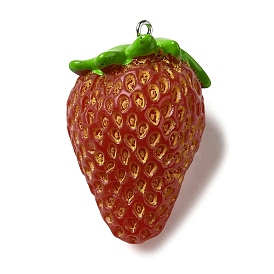 Opaque Resin Fruit Pendants, Strawberry Charms with Platinum Plated Iron Loops