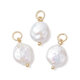 Подвески-шармы из натурального барочного жемчуга кеши, плоские круглые, с фурнитурой из латуни и нержавеющей стали., кремово-белые