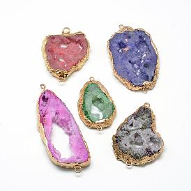 Natural Druzy Agate Links Connectors, with Brass Findings, Dyed, Nuggets, Golden
