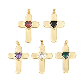 Brass Glass Pendants, Cross with Heart Charm, Cadmium Free & Lead Free, Long-Lasting Plated, Rack Plating, Real 18K Gold Plated