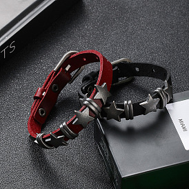 Retro Punk Hip-Hop Pentagram Leather Bracelet, Adjustable Bracelet for Men Women