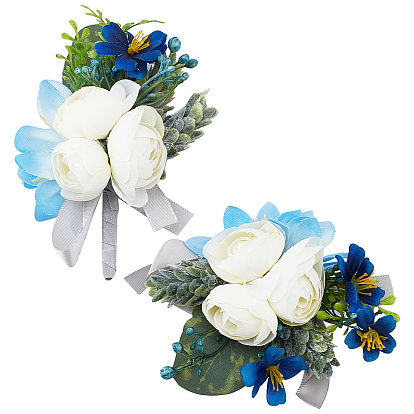 2Pcs 2 Style Silk Cloth Rose Flower Boutonniere Brooch & Wrist Corsage, for Wedding, Party Decorations