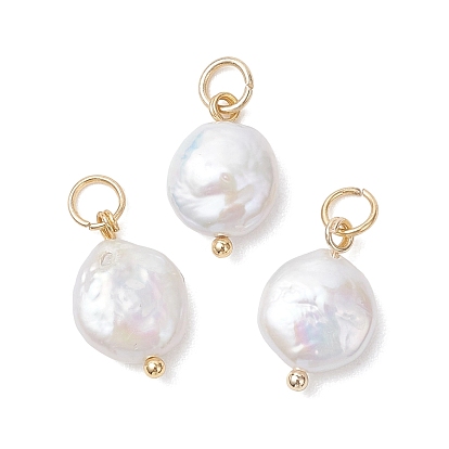 Подвески-шармы из натурального барочного жемчуга кеши, плоские круглые, с фурнитурой из латуни и нержавеющей стали., кремово-белые