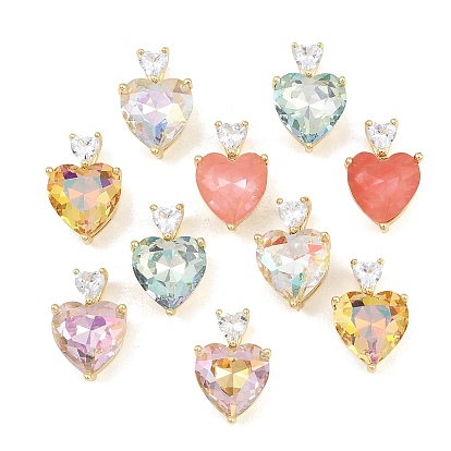 Brass Glass Pendants, Heart Charms, Faceted