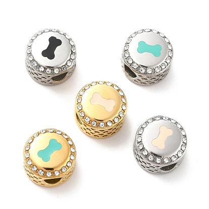 304 Stainless Steel European Beads, with Enamel & Rhinestone, Large Hole Beads, Flat Round with Bone Pattern