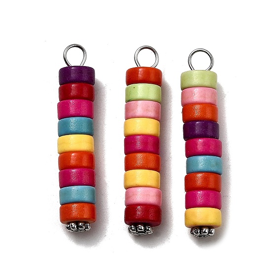 Подвески-колонны из окрашенной синтетической бирюзы, Подвески из бусин в форме диска с 304 петлями из нержавеющей стали, разноцветные