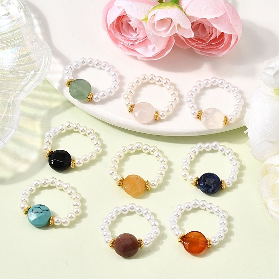 9шт. АБС-пластиковые кольца с имитацией жемчуга для женщин, круглые, с натуральными драгоценными камнями и сплавом